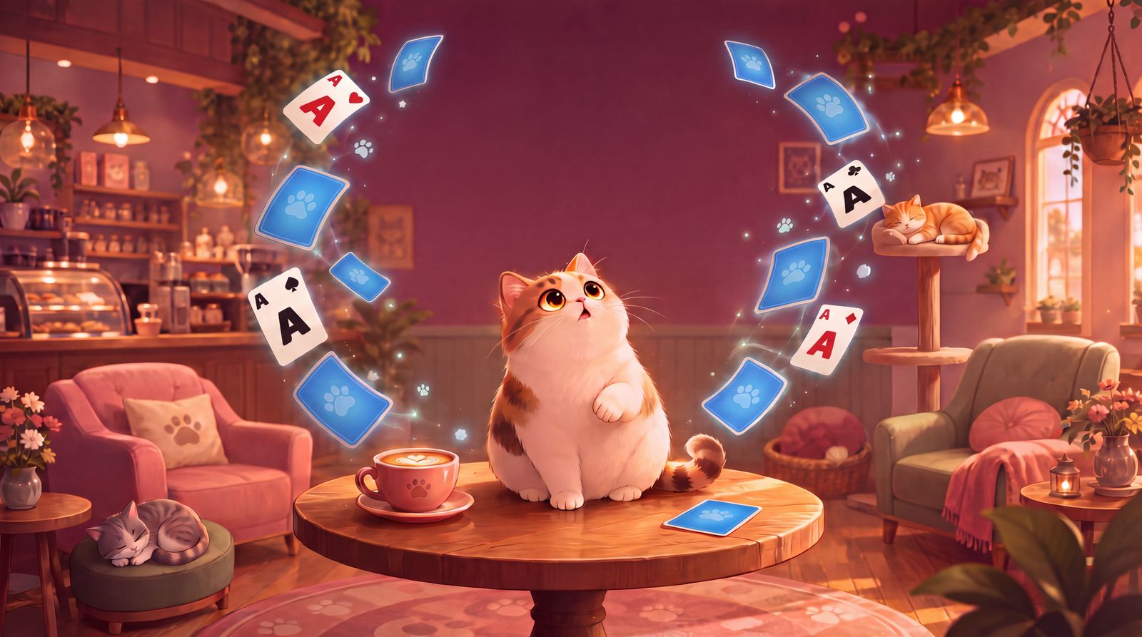 Cats and playing cards floating over a cozy café, artwork from Solitaire Cat Café