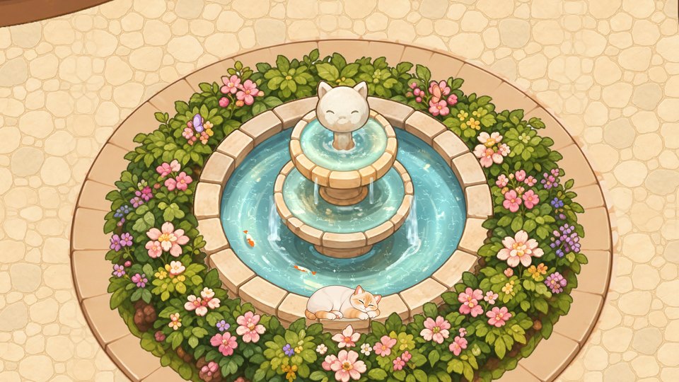 A cat-shaped fountain with koi in its basin and a cat asleep on the rim